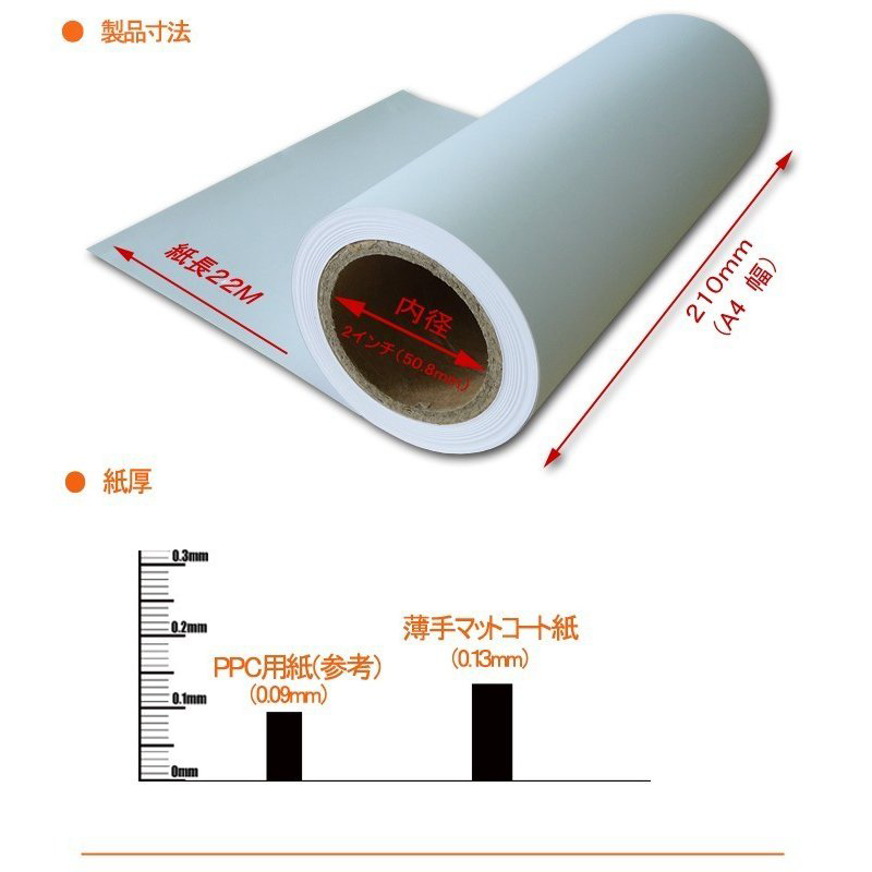 インクジェットロール紙 薄手マットコート紙 幅210mm（A4）×長さ22m 厚